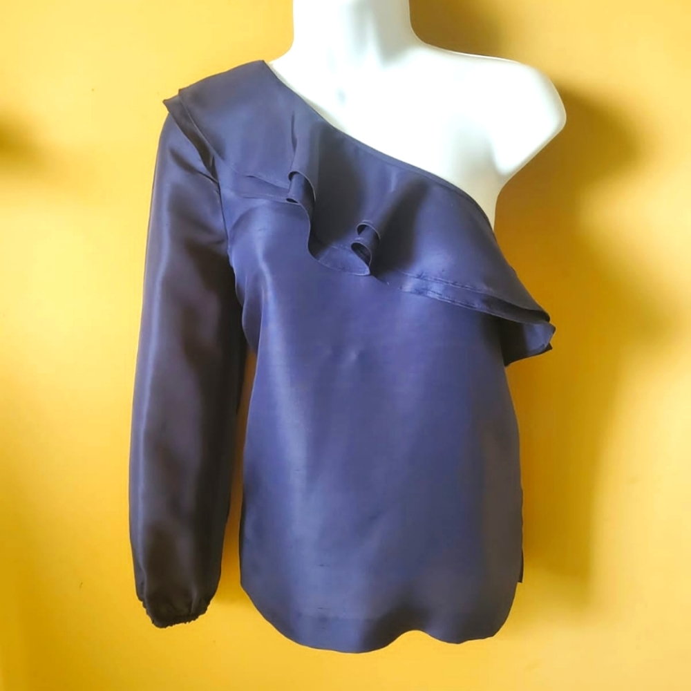 J Crew Navy Blue Silk One Shoulder Blouse